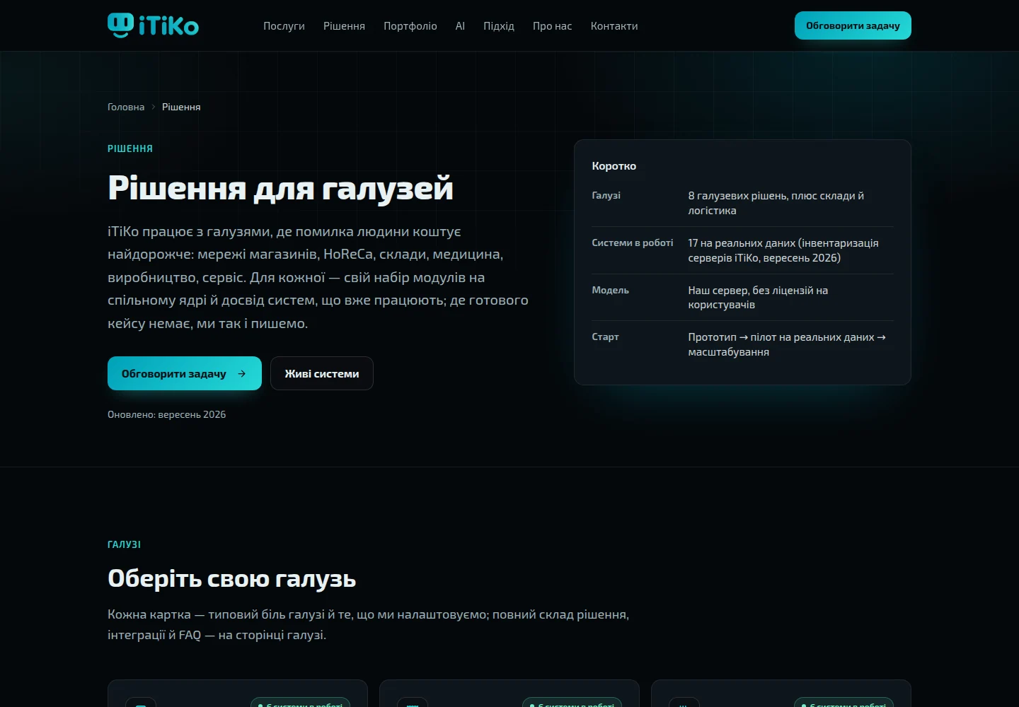 Корпоративний сайт iTiKo — Галузеві рішення. Скриншот.